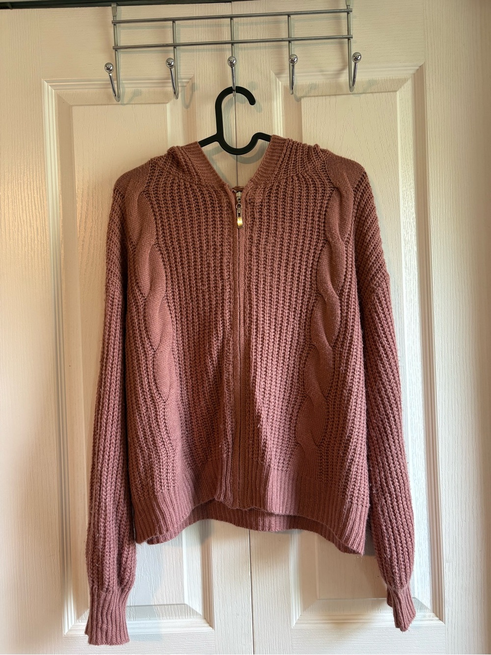 SHEIN Rose Zip-Up Cable Knit Hooded Cardigan - Picture 1 of 2